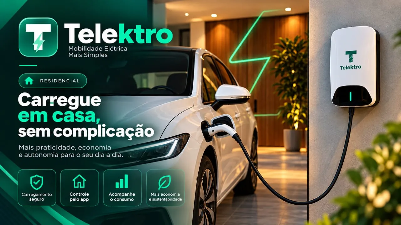 Carro elétrico carregando na garagem de uma casa em um carregador de parede Telektro